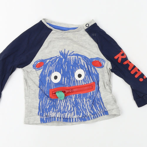 F&F Boys Grey   Basic T-Shirt Size 6-9 Months  - monster zip mouth