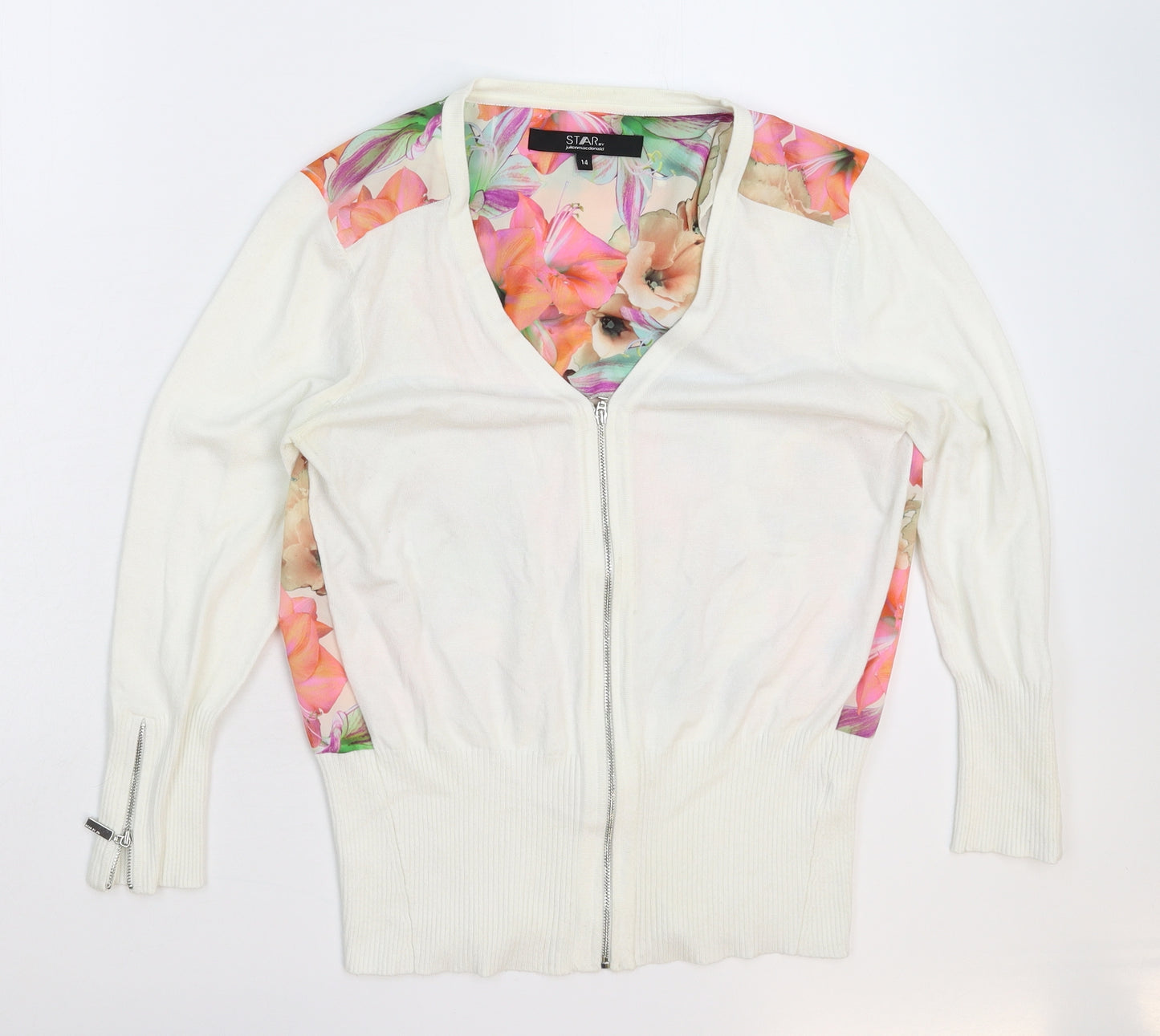 Julien Macdonald Womens White Floral Knit Cardigan Jumper Size 14
