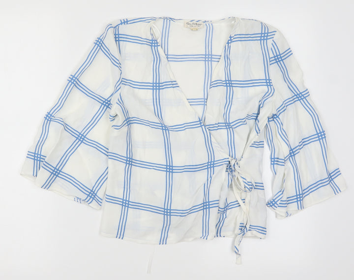 Miss Selfridge Womens White Check Wrap Blouse Size 6 - Blue