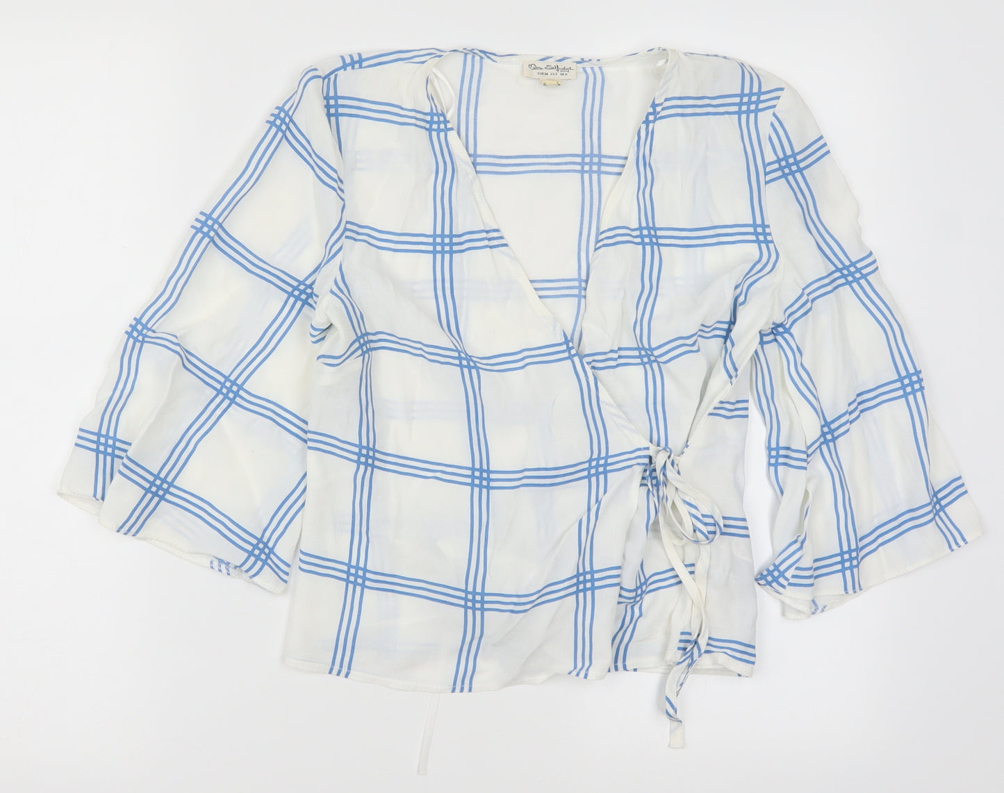 Miss Selfridge Womens White Check  Wrap Blouse Size 6  - Blue