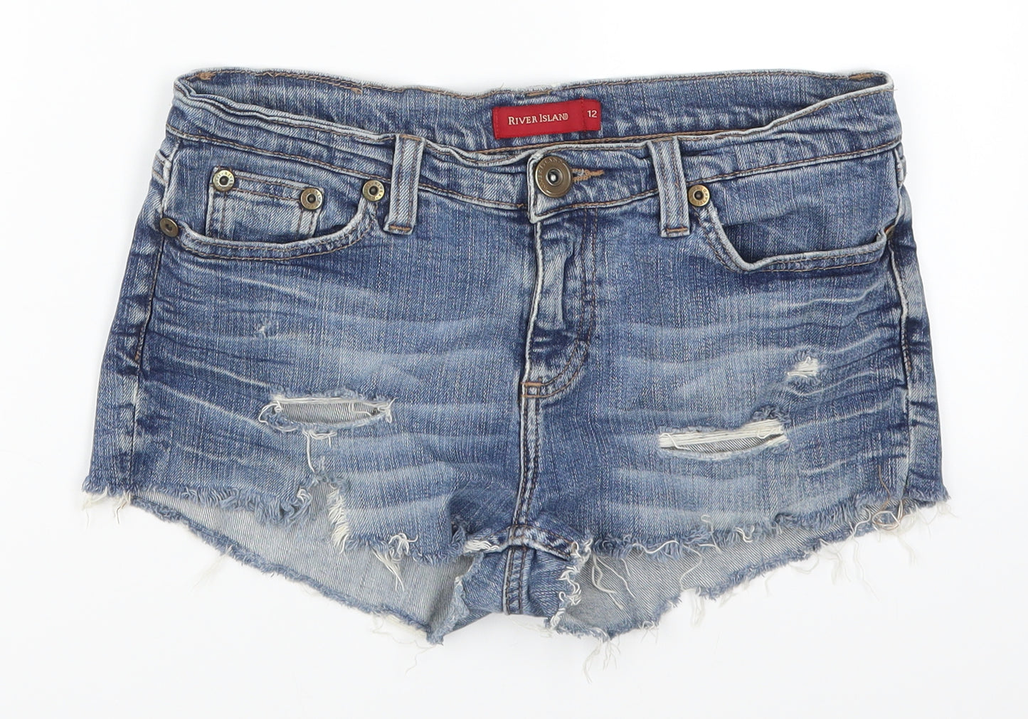 River Island Womens Blue  Denim Hot Pants Shorts Size 12 - Distressed Look
