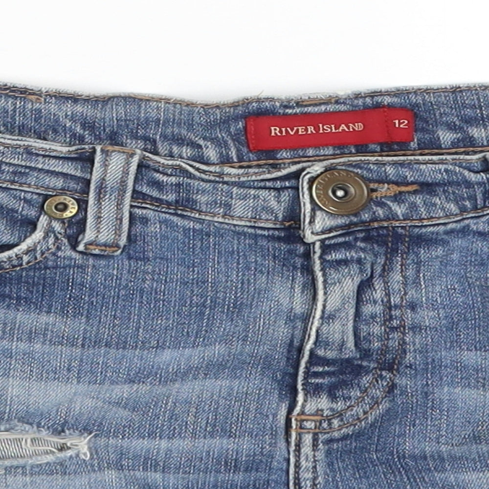 River Island Womens Blue  Denim Hot Pants Shorts Size 12 - Distressed Look