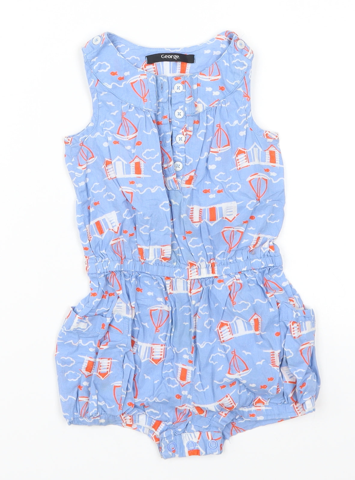 George Baby Blue Geometric  Romper One-Piece Size 12-18 Months  - Sailboats
