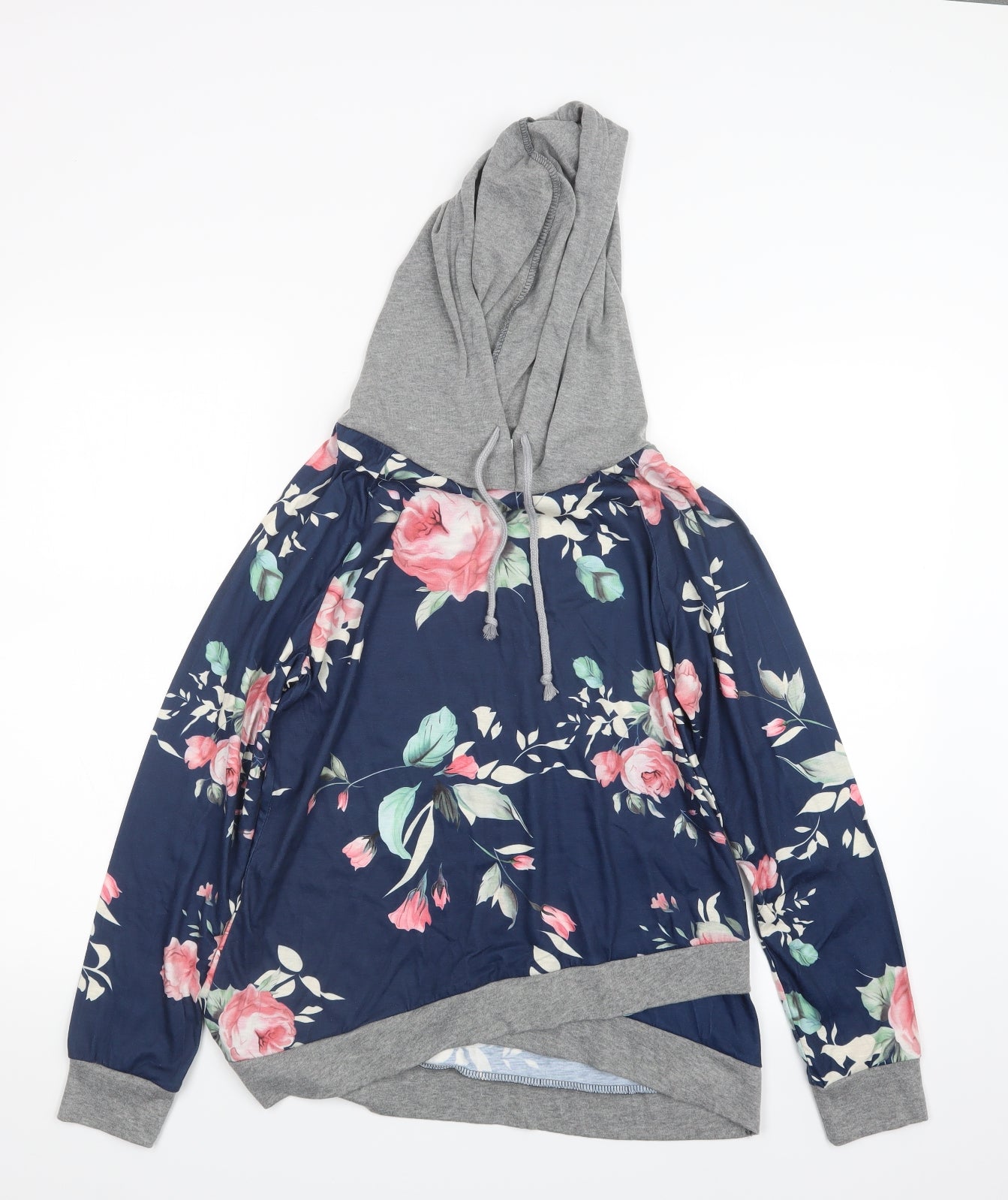 Fashion Womens Blue Floral  Pullover Hoodie Size L