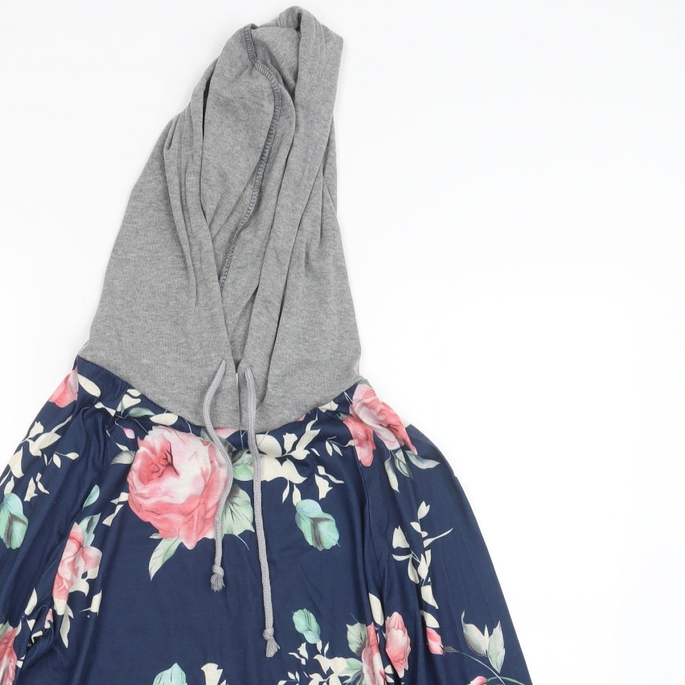 Fashion Womens Blue Floral  Pullover Hoodie Size L