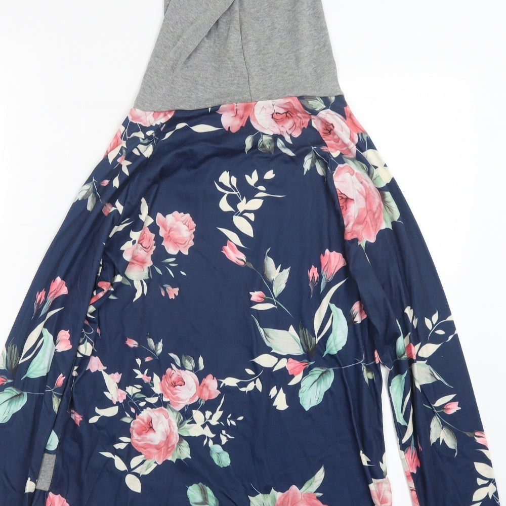 Fashion Womens Blue Floral  Pullover Hoodie Size L