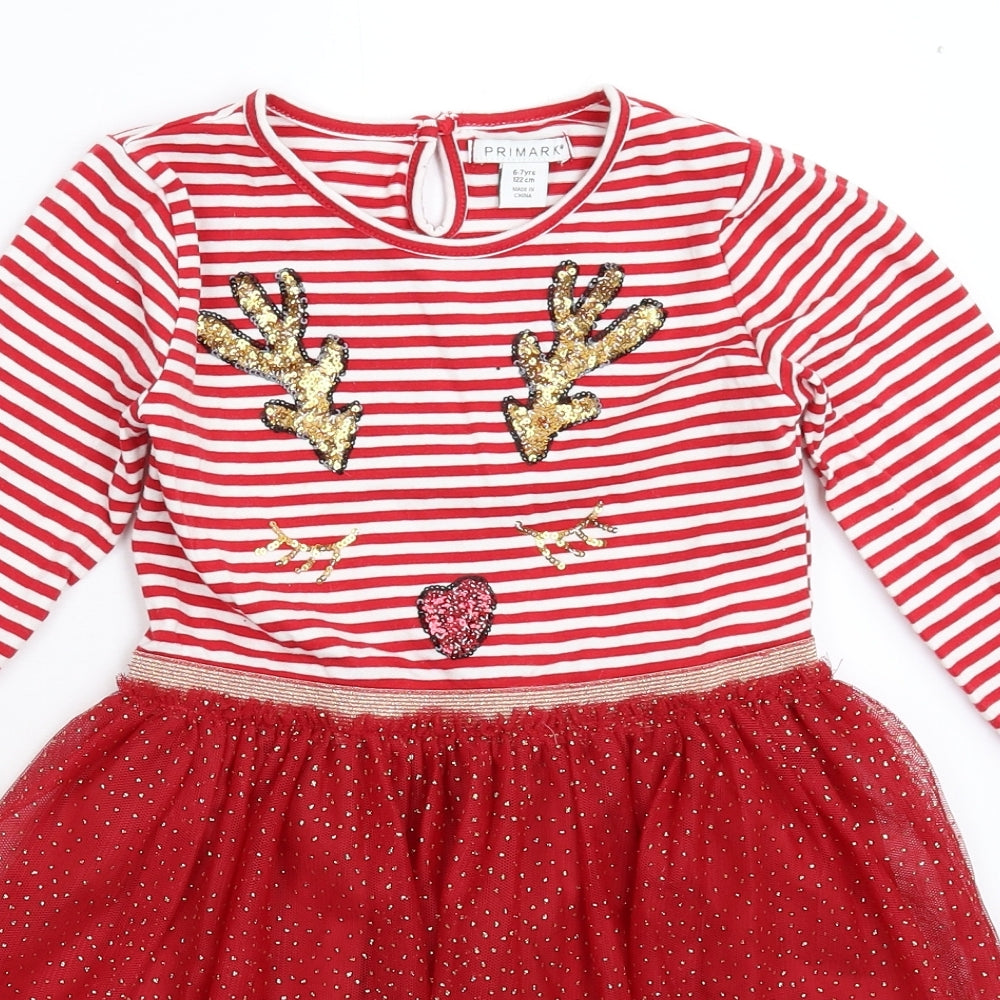 Primark Girls Red Striped  Fit & Flare  Size 6-7 Years