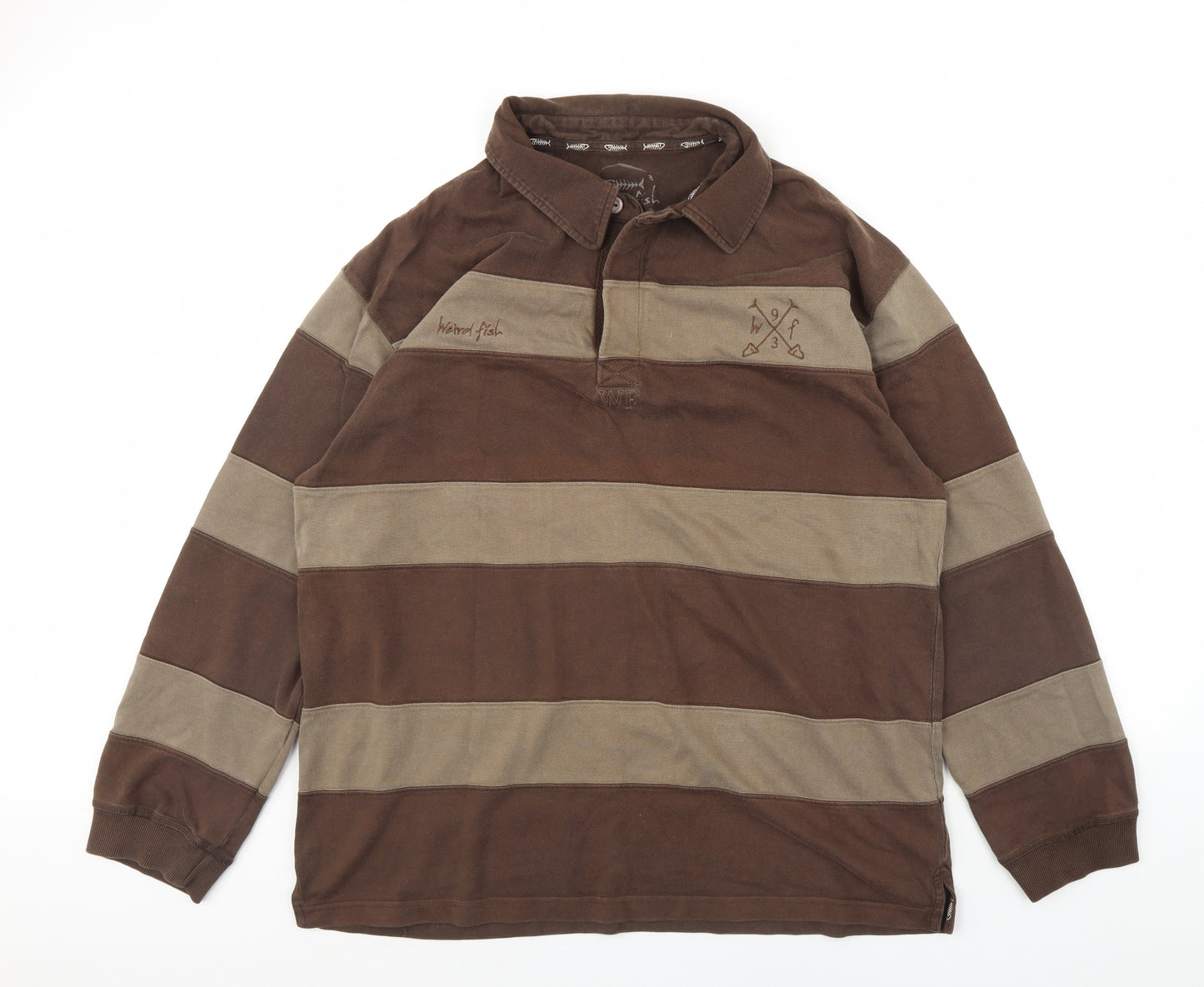 Weird Fish Mens Brown Striped  Henley Jumper Size 2XL