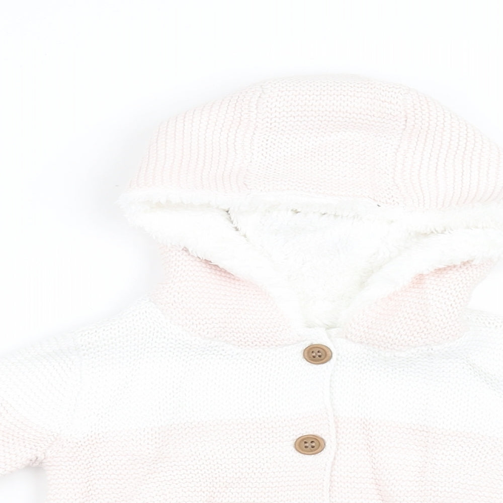 Mothercare Girls White Striped  Basic Coat Jacket Size 6-9 Months