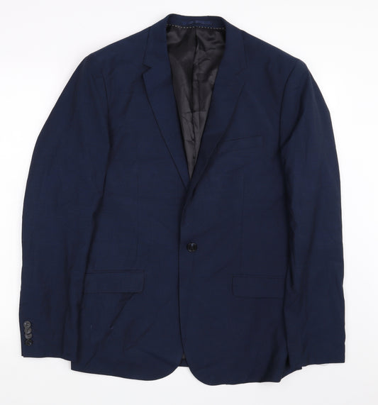 Front view of H&M men’s blue jacket suit jacket, size 42