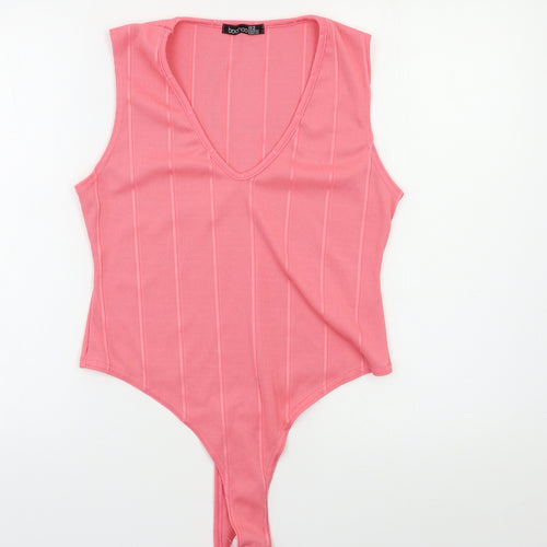 Boohoo Womens Pink Striped  Bodysuit One-Piece Size 14