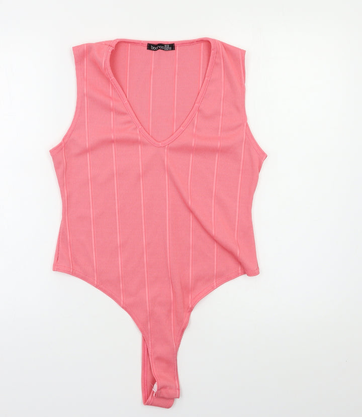 Boohoo Womens Pink Striped Bodysuit One-Piece Size 14