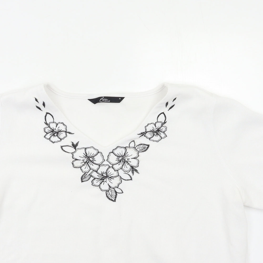 BM Womens White Floral  Basic Polo Size M
