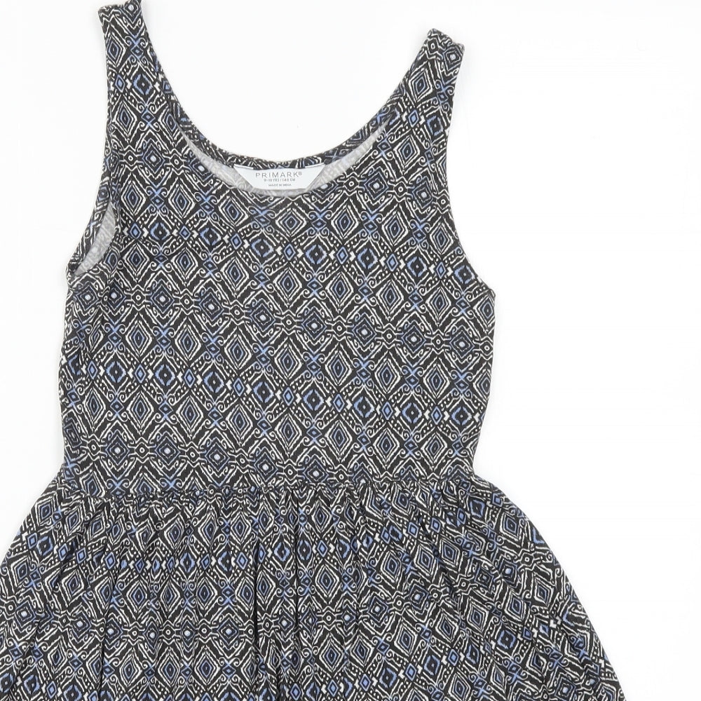 Primark Girls Blue Geometric  Skater Dress  Size 9-10 Years