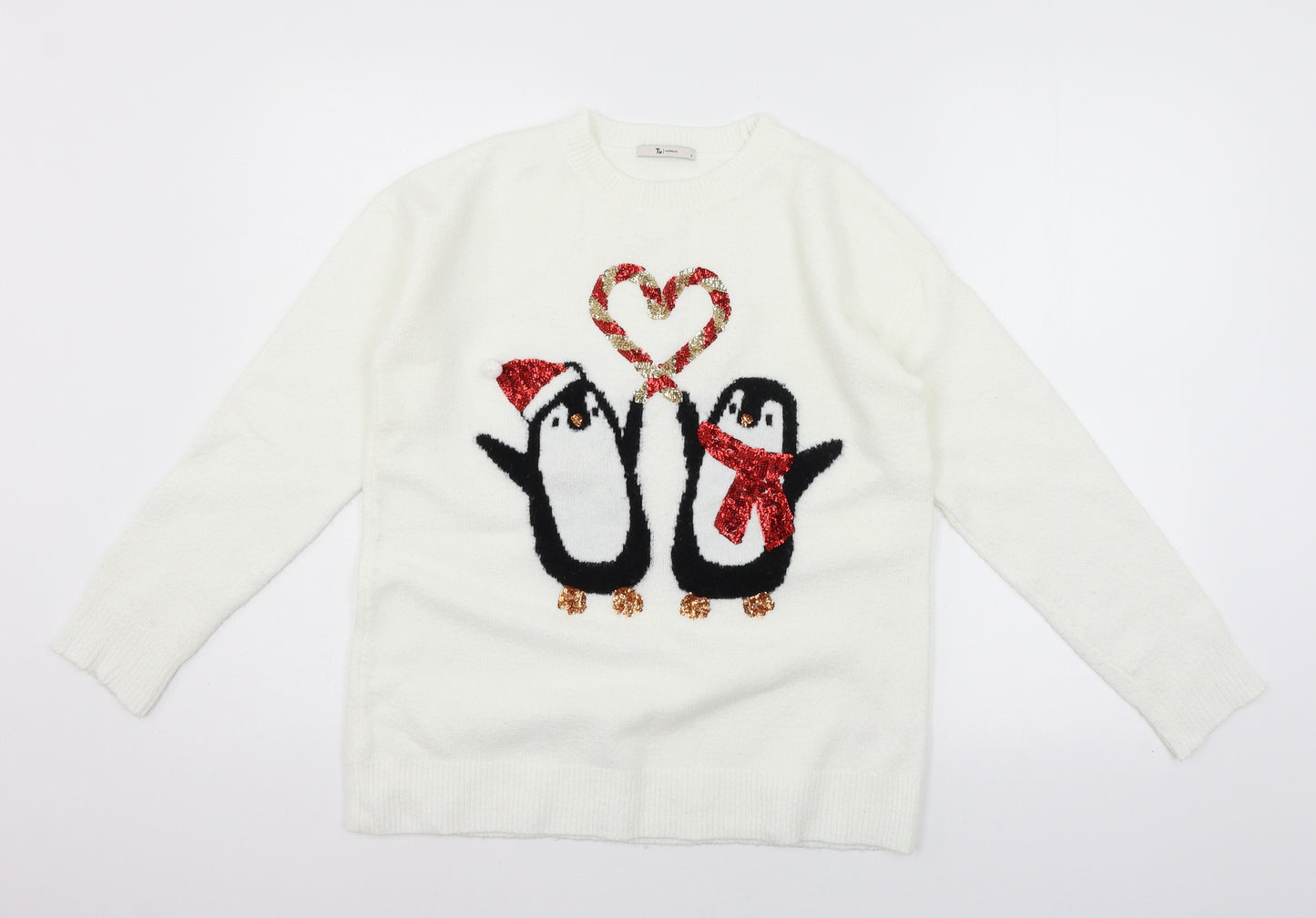 TU Womens White  Knit Pullover Jumper Size 8  - Christmas Penguin