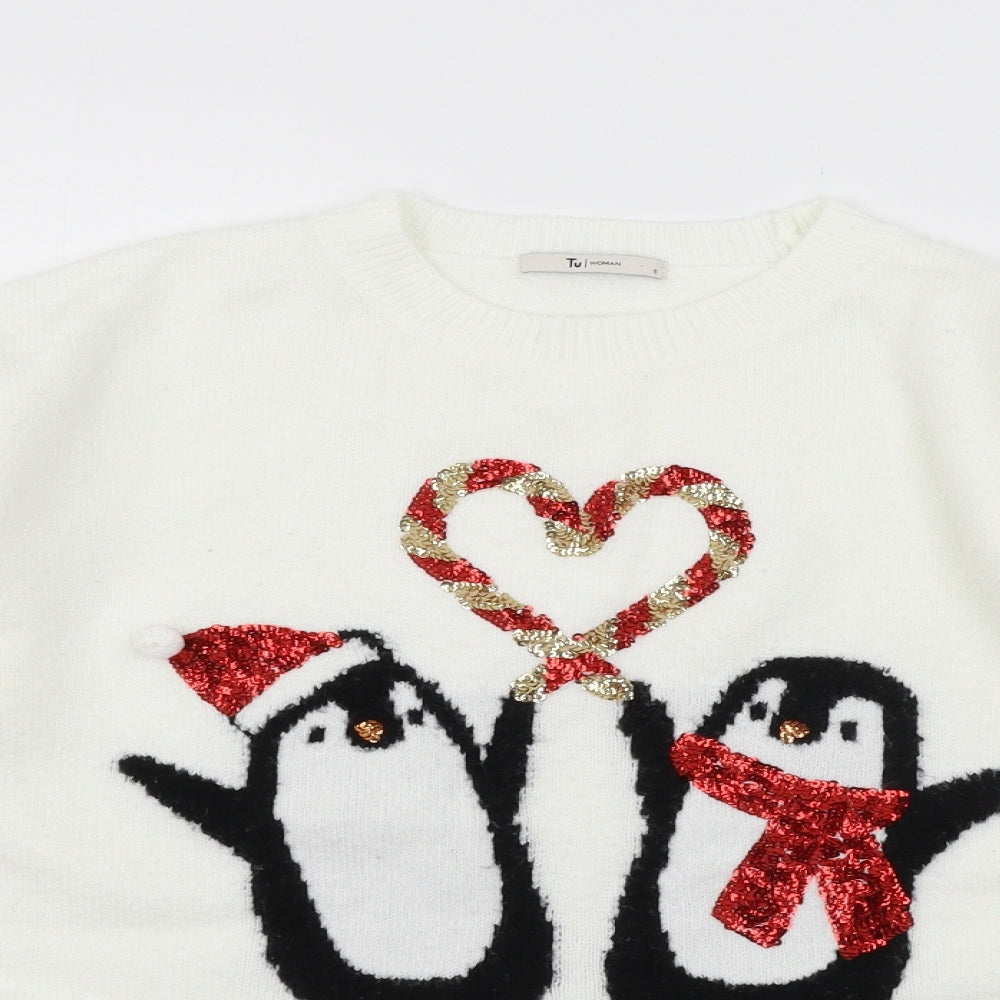TU Womens White  Knit Pullover Jumper Size 8  - Christmas Penguin