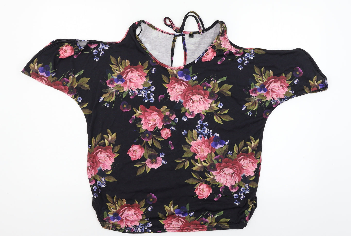 Preworn Womens Black Floral Jersey Basic T-Shirt Size L  - Cut out shoulder