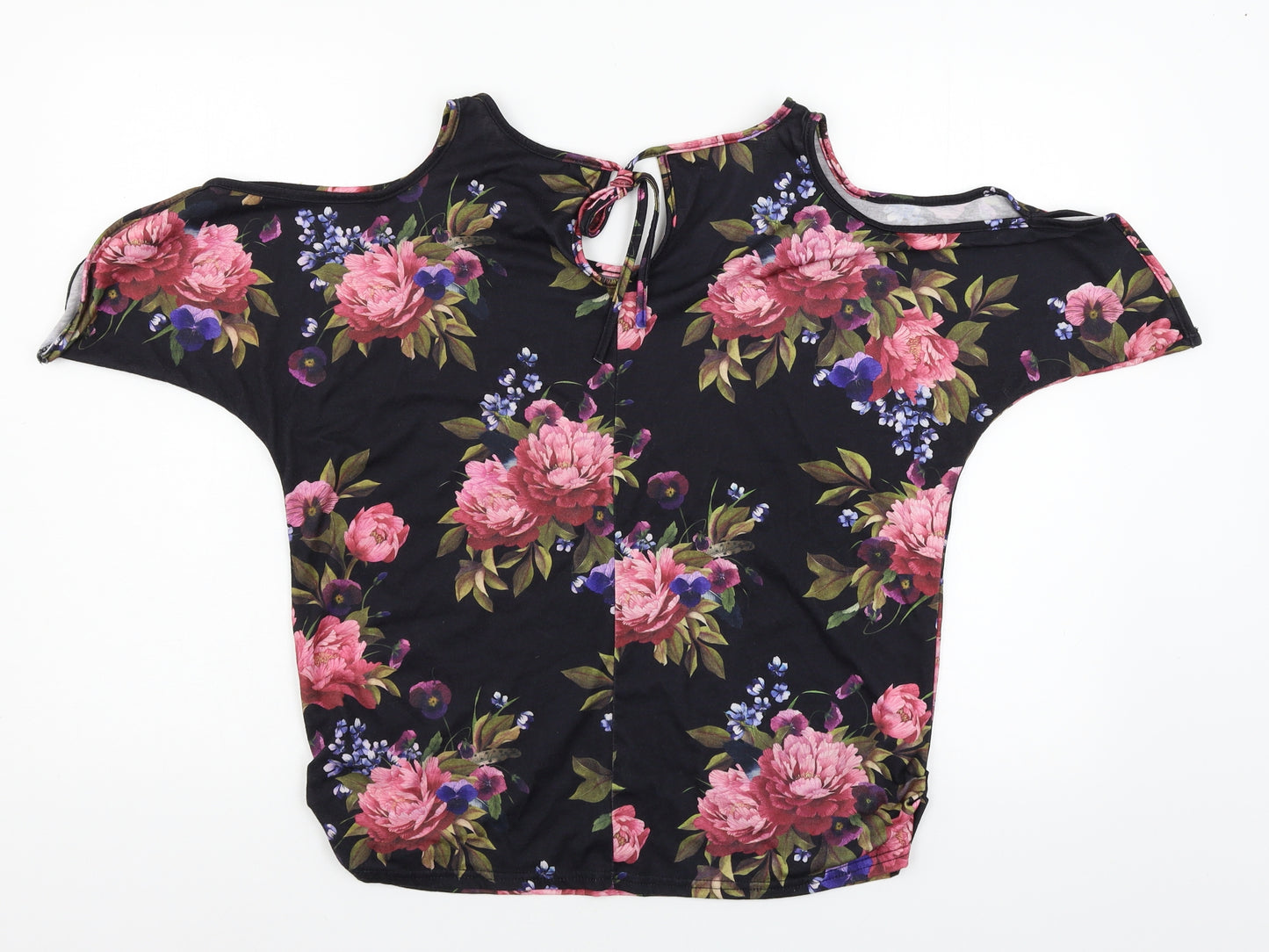 Preworn Womens Black Floral Jersey Basic T-Shirt Size L  - Cut out shoulder