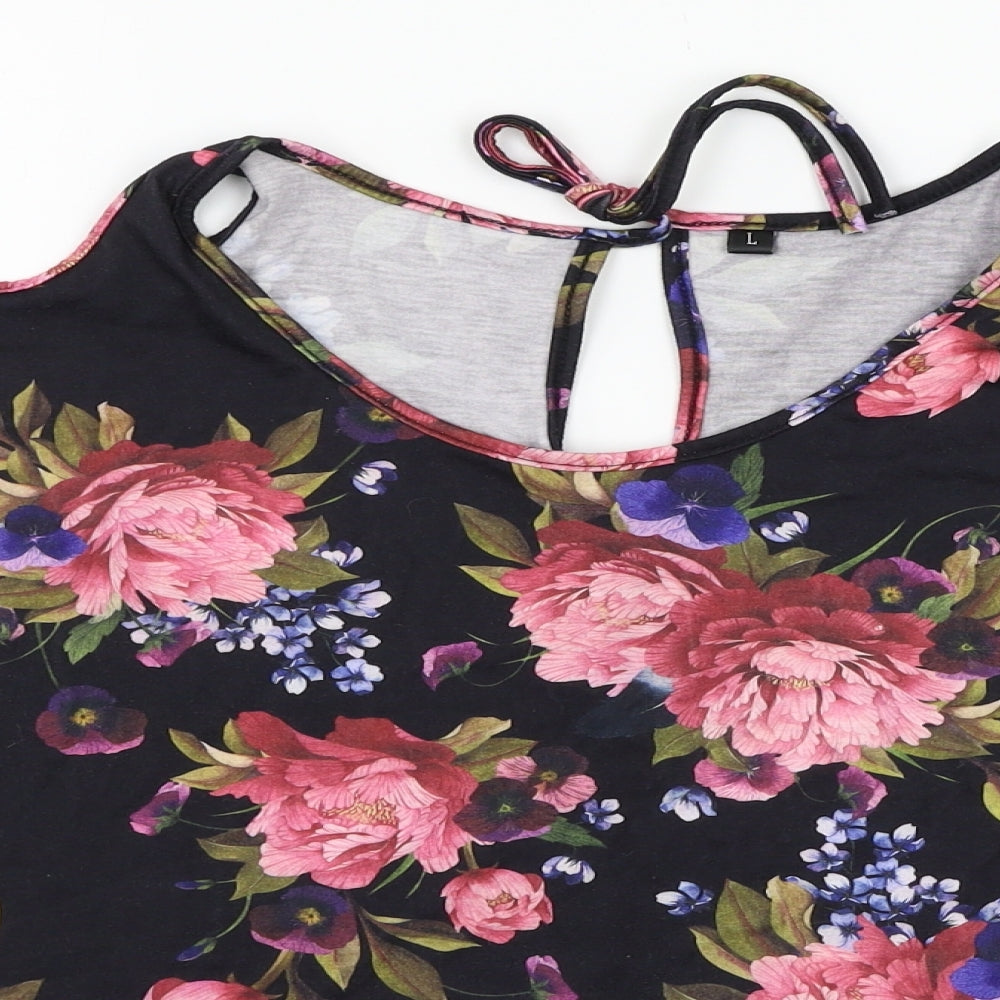 Preworn Womens Black Floral Jersey Basic T-Shirt Size L  - Cut out shoulder