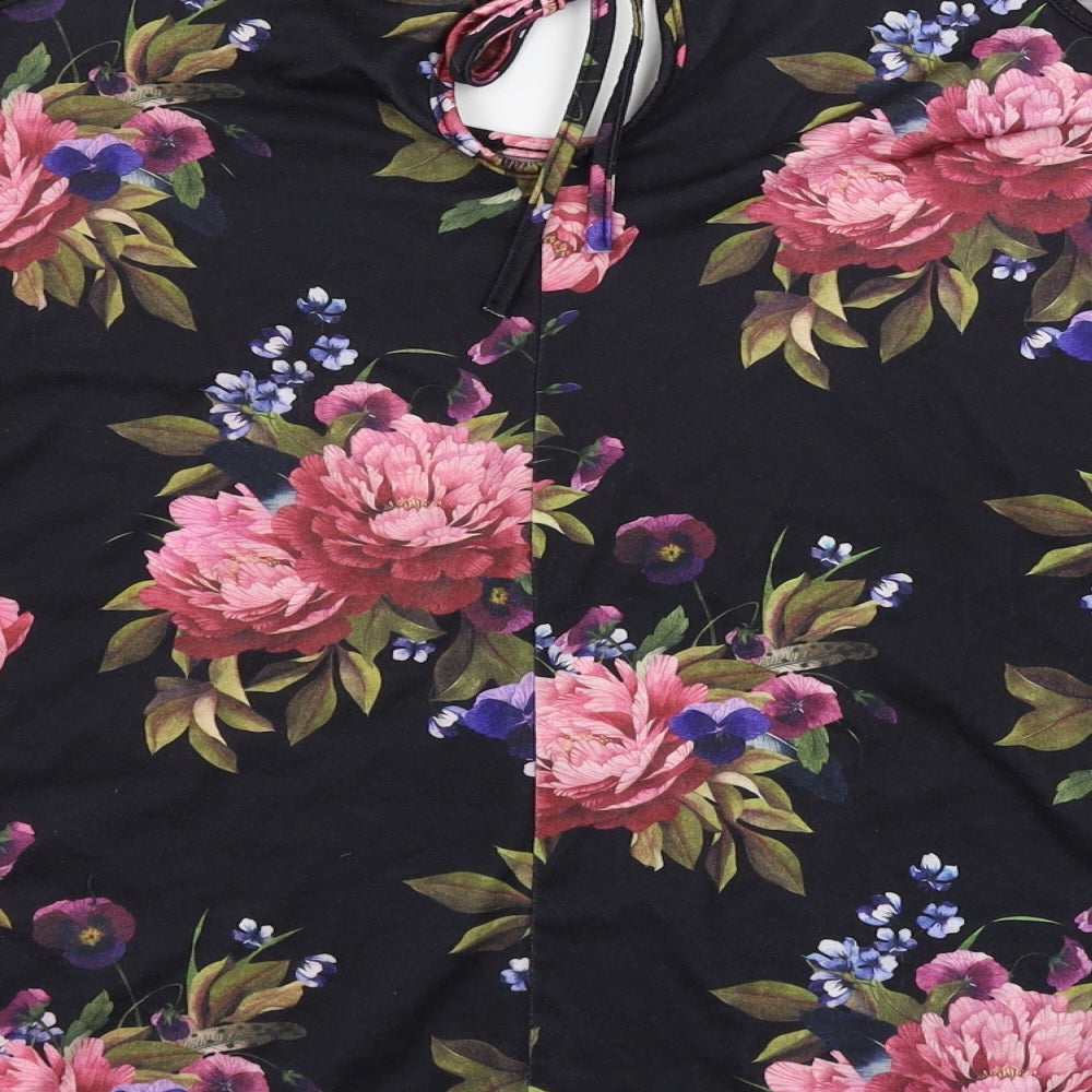 Preworn Womens Black Floral Jersey Basic T-Shirt Size L  - Cut out shoulder