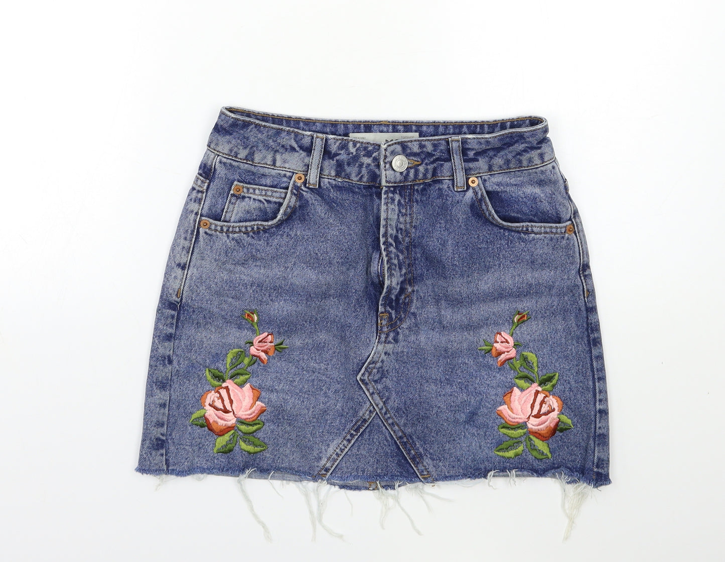 Topshop Womens Blue Floral Denim Mini Skirt Size 8