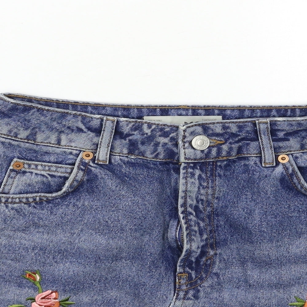 Topshop Womens Blue Floral Denim Mini Skirt Size 8