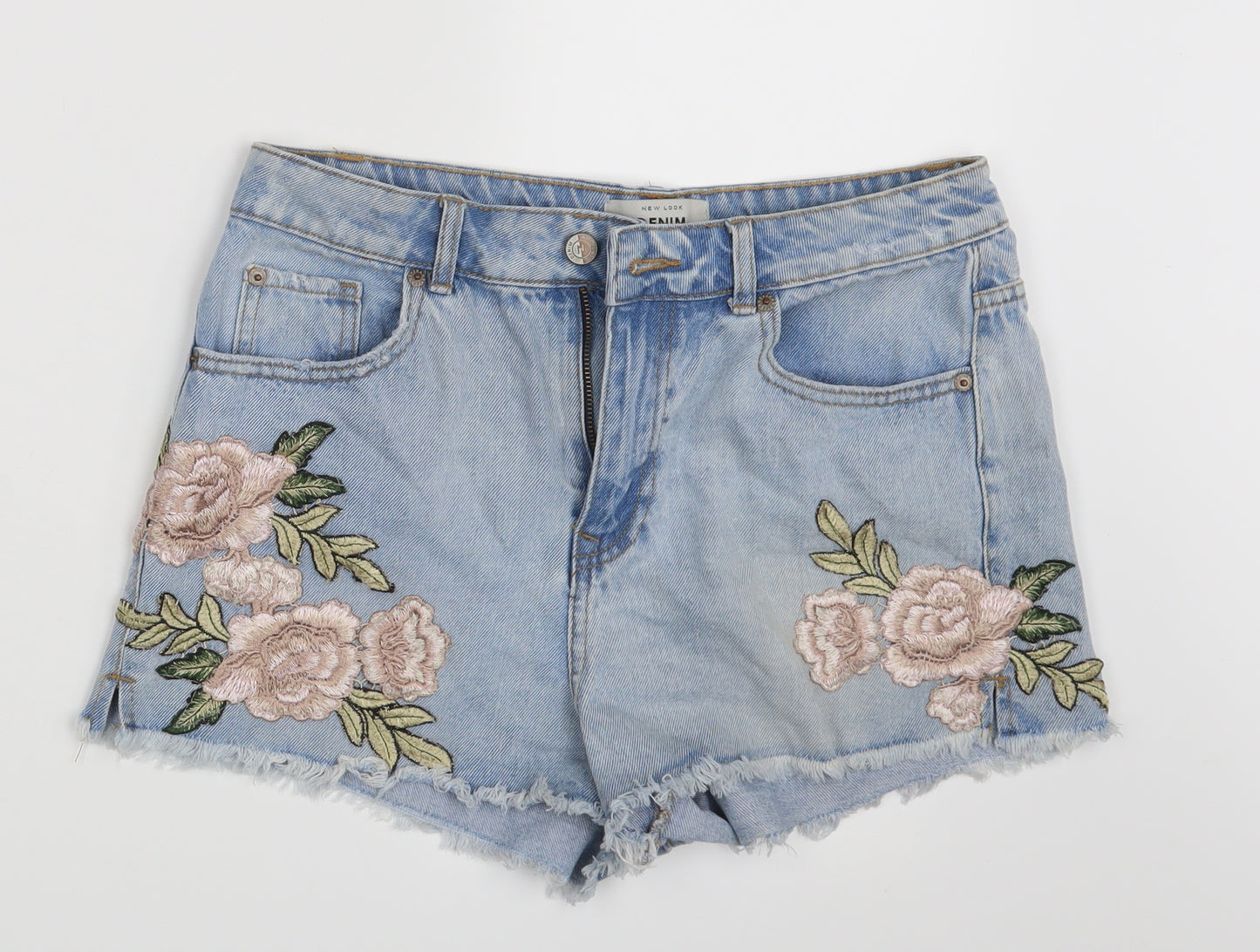 New Look Womens Blue Floral Denim Hot Pants Shorts Size 12