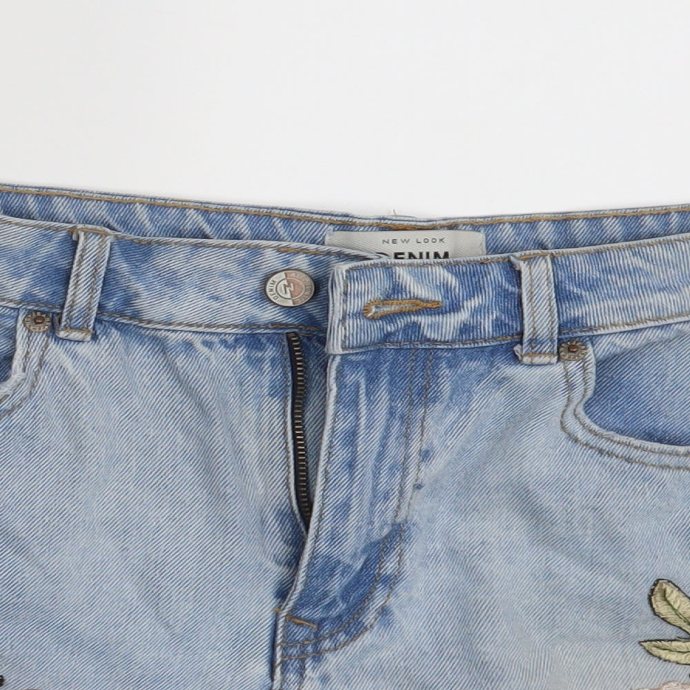 New Look Womens Blue Floral Denim Hot Pants Shorts Size 12