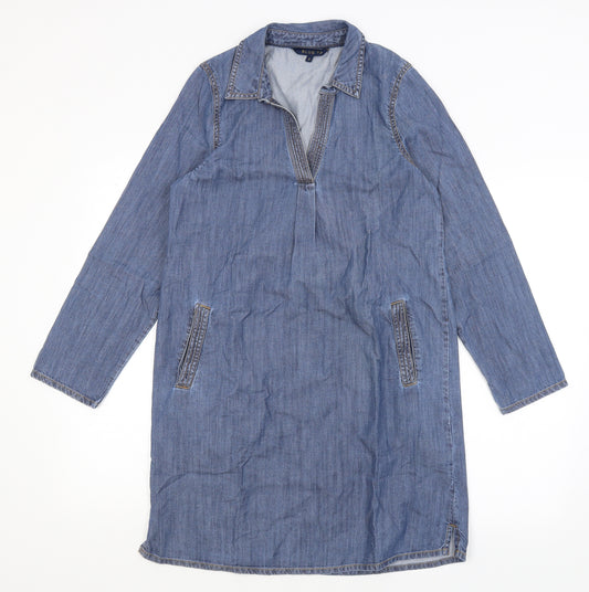 Front view of Blue 73 women’s blue a-line, size UK 8