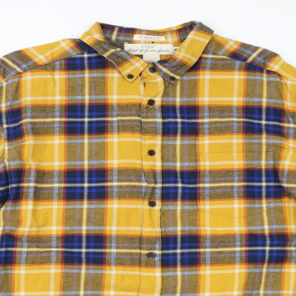 H&M Mens Yellow Plaid   Button-Up Size XL