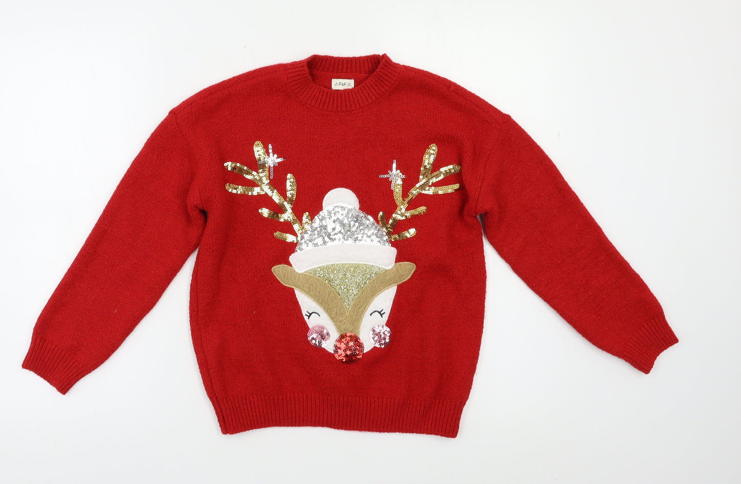 F&F Girls Red   Pullover Jumper Size 11 Years  - Rudolph Christmas