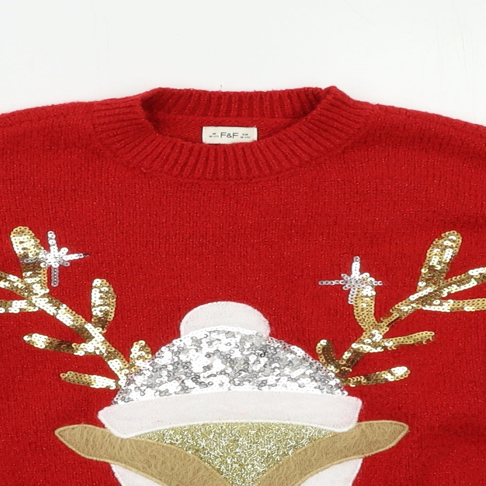 F&F Girls Red   Pullover Jumper Size 11 Years  - Rudolph Christmas