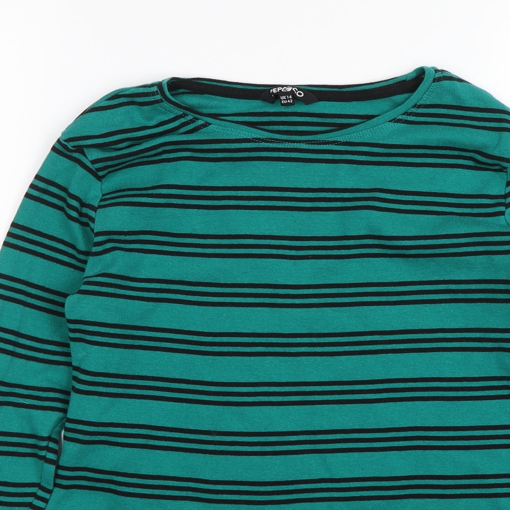 PEP&CO Womens Green Striped  Basic T-Shirt Size 14
