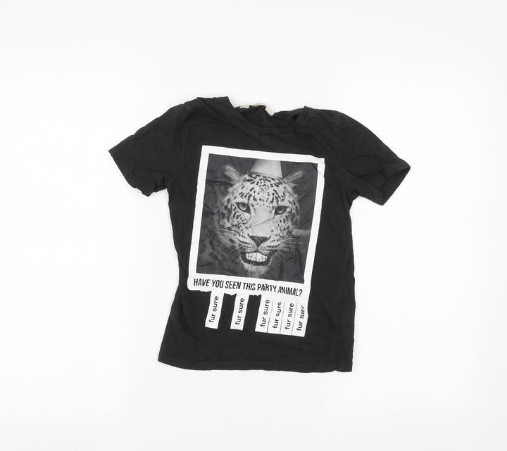 H&M Girls Black Basic T-Shirt Size 7-8 Years - Leopard