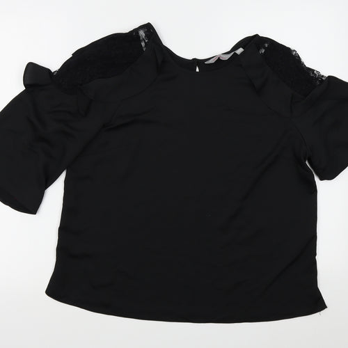 Dorothy Perkins Womens Black   Basic Blouse Size 14  - lace shoulders with frills