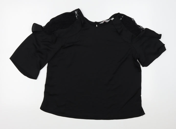 Dorothy Perkins Womens Black   Basic Blouse Size 14  - lace shoulders with frills