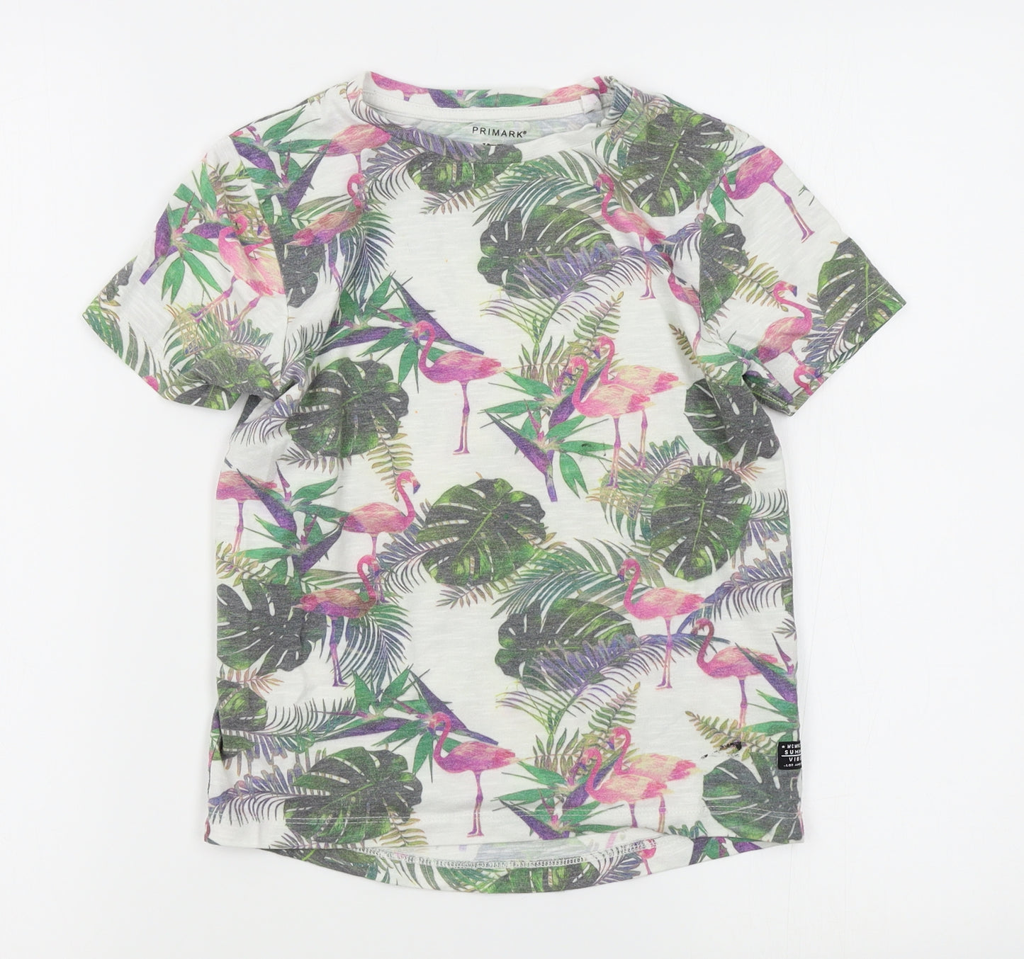 Primark Boys White Floral  Basic T-Shirt Size 7-8 Years  - flamingos