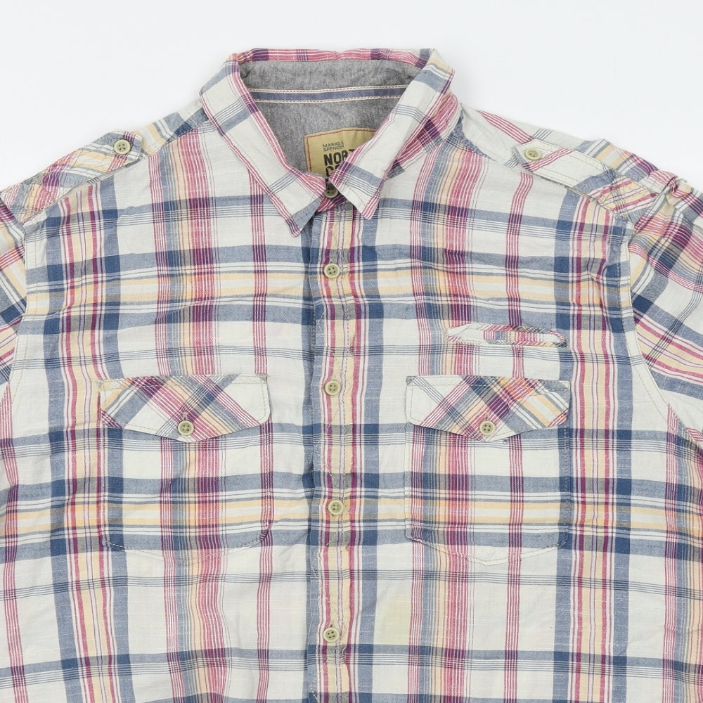 M&S Mens White Plaid   Button-Up Size XL