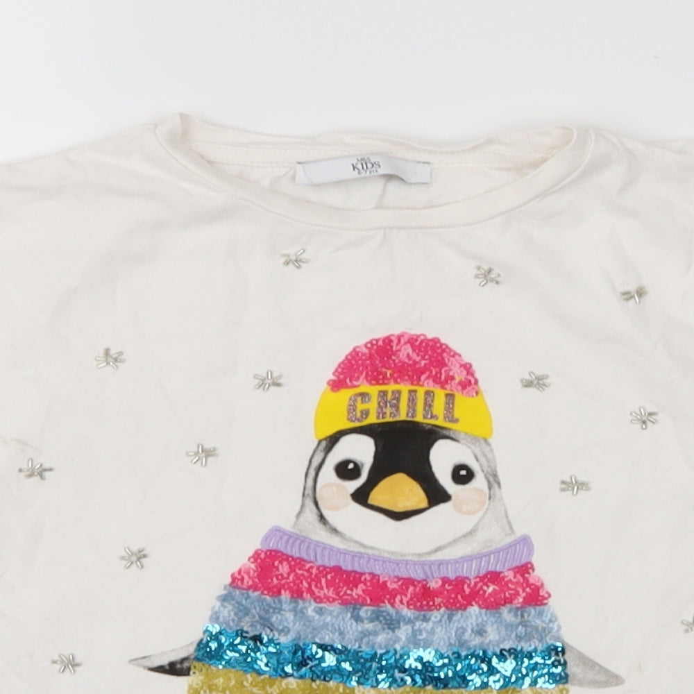 M&S Girls White   Basic T-Shirt Size 6-7 Years  - Penguin