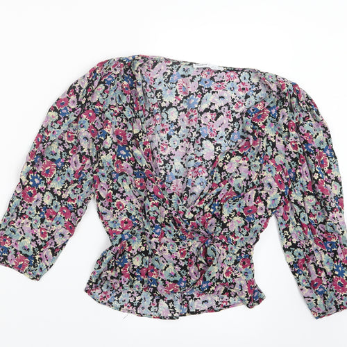 Pull&Bear Womens Pink Floral  Cropped T-Shirt Size S