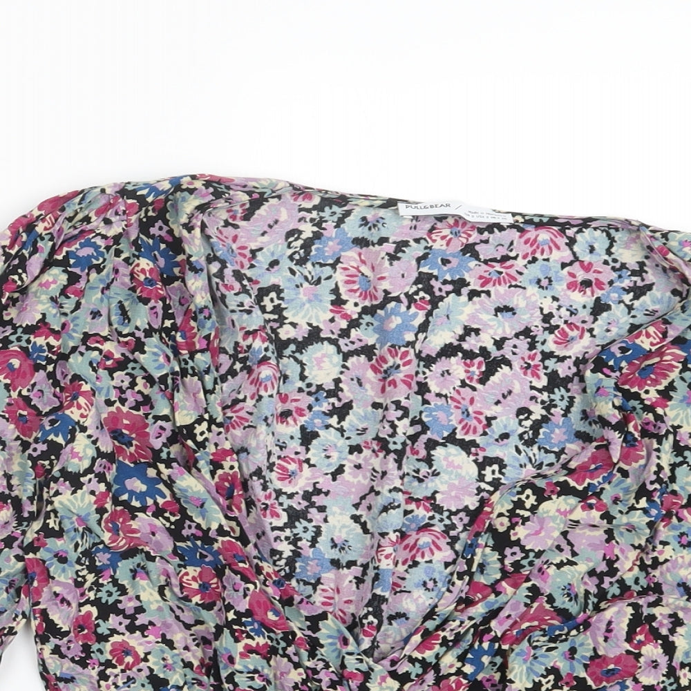 Pull&Bear Womens Pink Floral  Cropped T-Shirt Size S