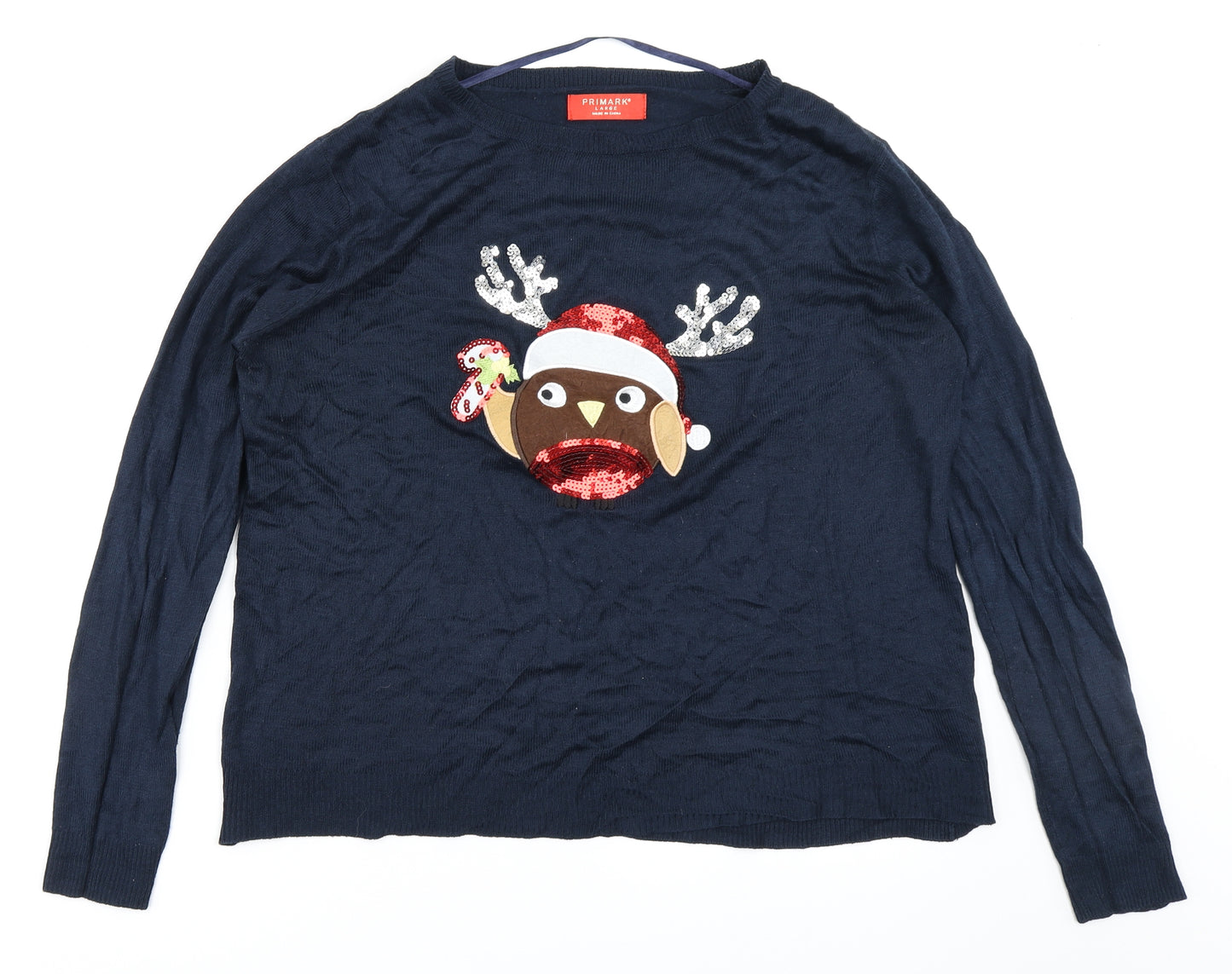 Primark Womens Blue  Knit Pullover Jumper Size L  - Christmas Jumper Robin