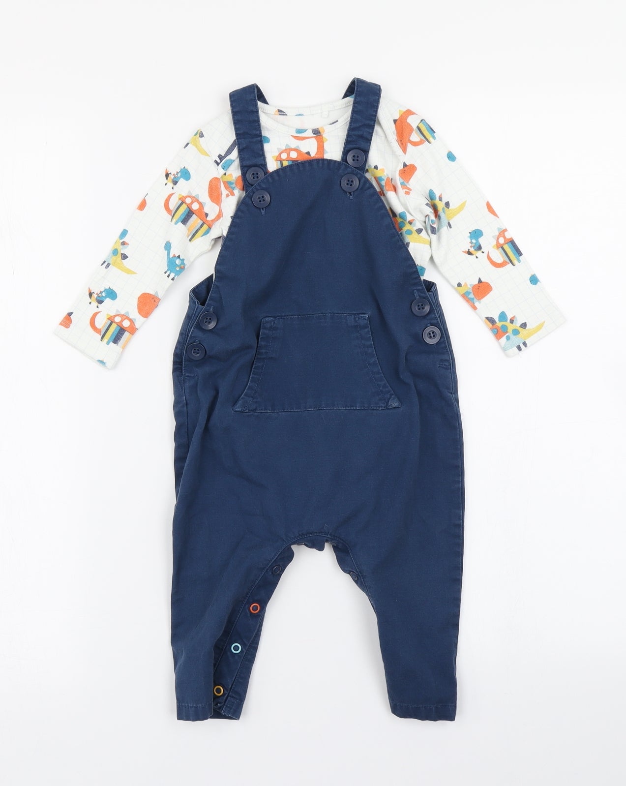 NEXT Boys Blue Check  Dungaree Outfit/Set Size 9-12 Months  - Dinosaur