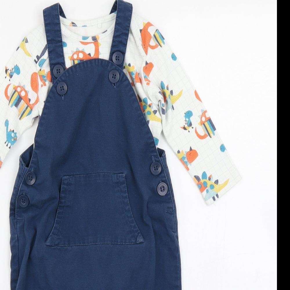 NEXT Boys Blue Check  Dungaree Outfit/Set Size 9-12 Months  - Dinosaur