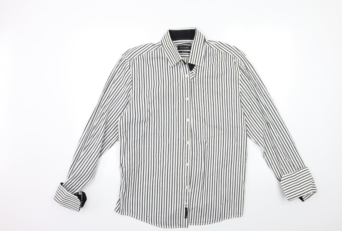 Black Label Mens White Striped   Dress Shirt Size M