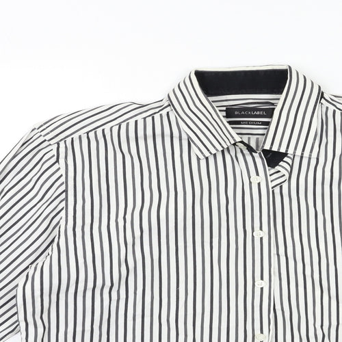 Black Label Mens White Striped   Dress Shirt Size M