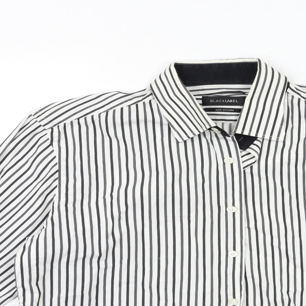 Black Label Mens White Striped   Dress Shirt Size M
