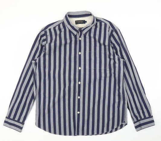 Front view of Hammond & CO men’s blue striped button-up, size L