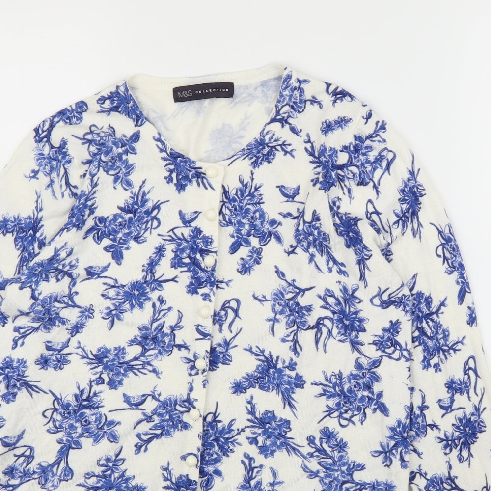 M&S Womens Blue Floral  Cardigan Jumper Size 8