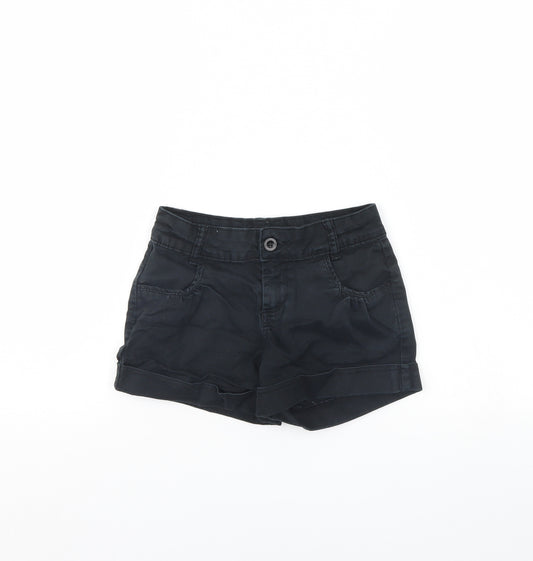 Front view of Preworn girls’ black denim cut-off shorts, size 8, years